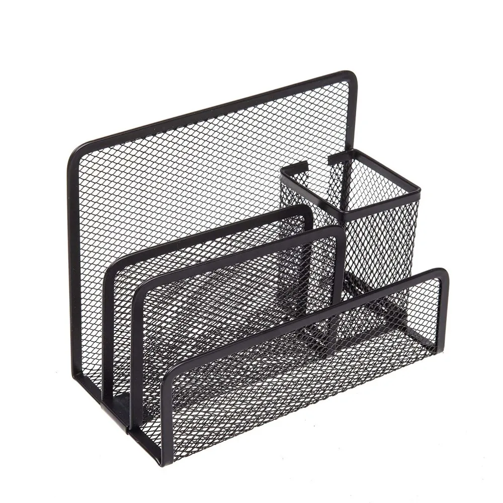 School Office Supply Customized Package Black Wire Mesh Metal Iron 4 Slots Table Desktop Pen Holder Letter Holder
