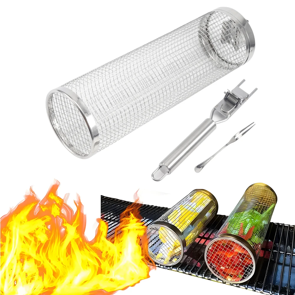 New barbecue grill mesh 304 stainless steel round rolling bbq grilling baskets with fork scraper