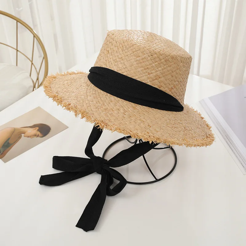 Wide brim flat top summer beach hats women raffia straw hat with ribbon