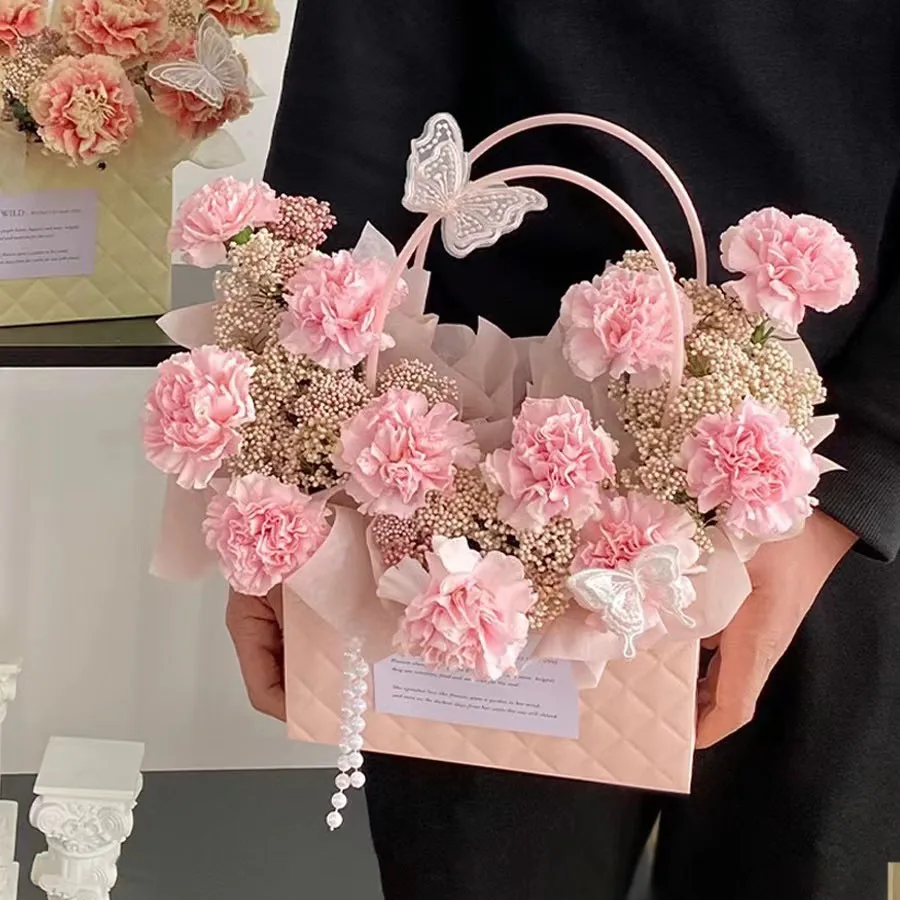 Small Custom Logo Luxury Shopping Tote Flowers Handle Kraft Square Flower Paper Bag