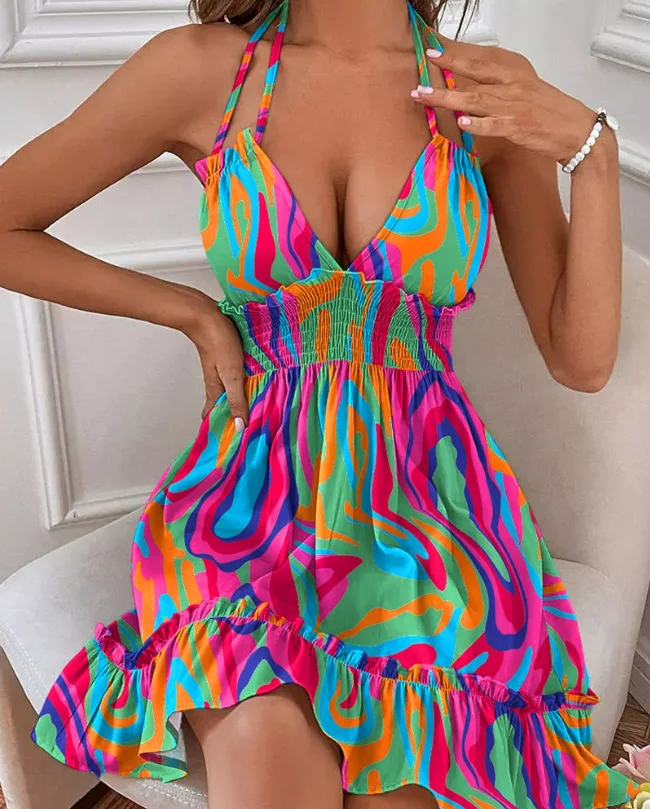 Women Summer Halter Deep V Neck Sundress Sexy Backless Ruffled Smocked Short Dress Waist Open Back Mini Skater Dress