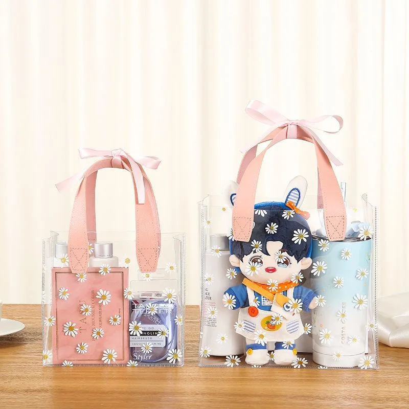 Custom  low MOQ clear logo print small transparent PVC bag  with Different Handle Shape