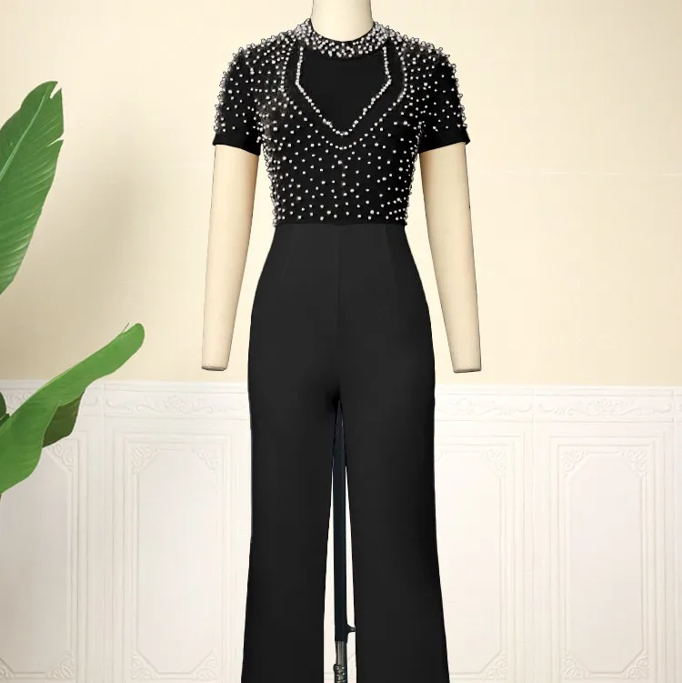 PDEP 2023 женская одежда сексуальный клубный комбинезон с круглым вырезом и коротким рукавом расшитый жемчужинами высокой талией узкое вечернее