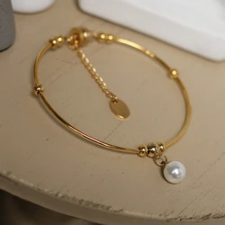 New Arrival Fashion Stainless Steel 18k Gold Plated Bracelets Pearl Bangles Charm Bracelet For Women