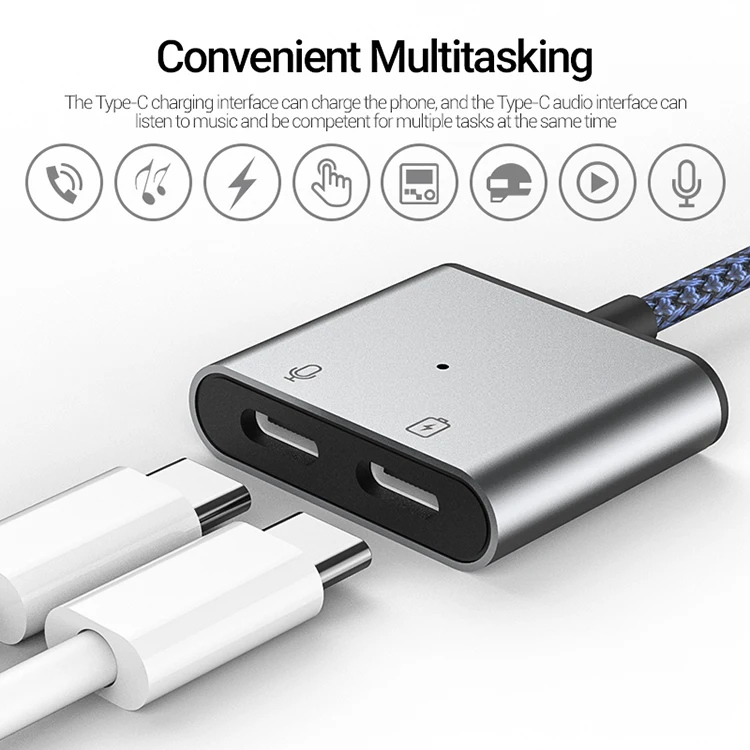 type-c 2 in 1 adapter with indicator light 60W PD fast charging audio port usb-c to