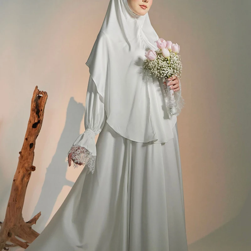 New Style white silk modest luxury abaya prayer women muslim dress with satin khimar and veil