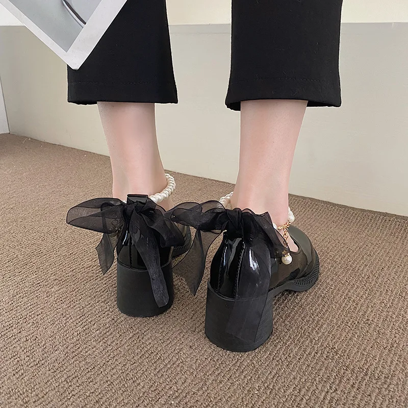 Round Head Square Chunky Thick Platform Crystal Pearl Jewellery Chain Ribbon Butterfly Bowknot Latest Design Mary Jane Shoes