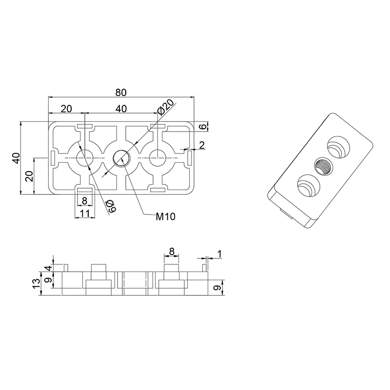 Прочная фабрика 3 резьбовых отверстия 4040B-M10 алюминиевая опорная пластина для алюминиевых экструзионных профилей конвейеры #7027-1