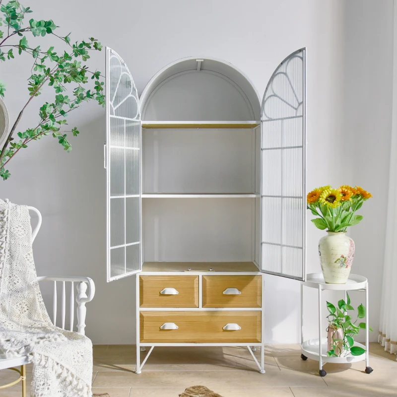 Nordic style home living room rustic decor white color iron metal wooden arched retro storage display cabinet with glass doors