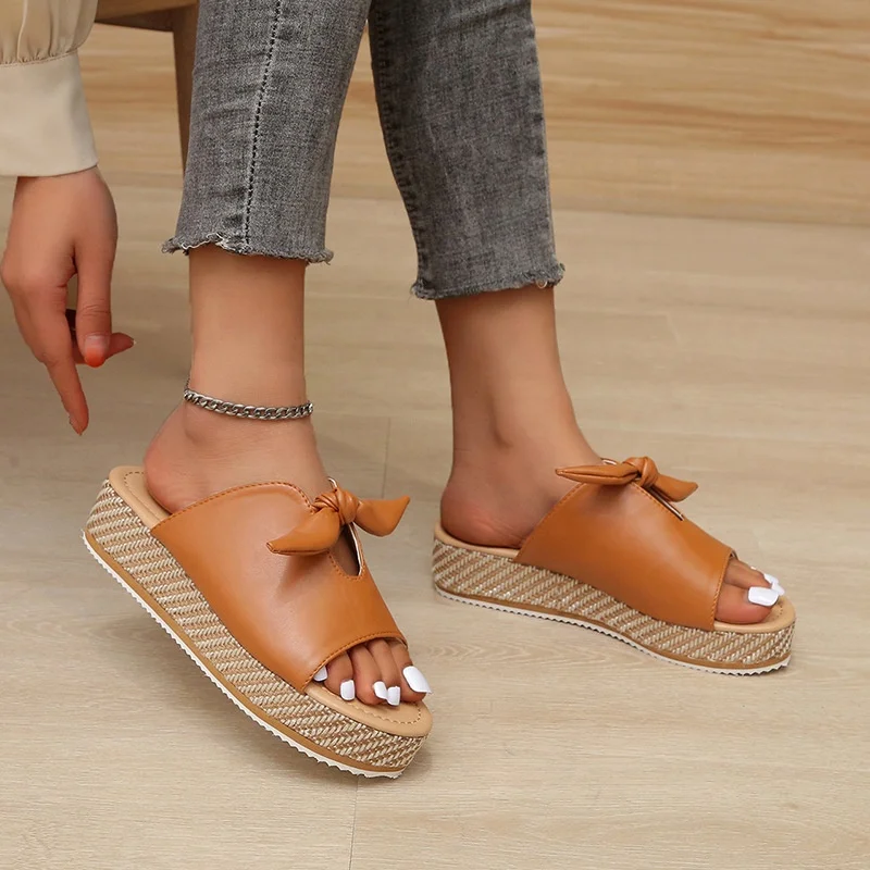 XLL 2022  Summer fashion 4cm wedges slippers platform high heel bow sandals fish mouth shoes flat slippers for women