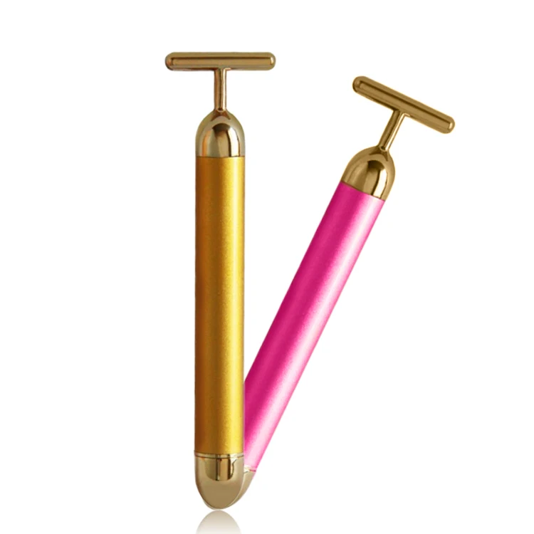 OEM Energy Beauty Bar 24K Gold Vibrating Pulse Facial Massager Electric Golden Firming Skin Care V Face T Shape Vibrator