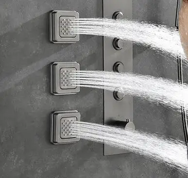 Large Flow Gun Gray Brushed Gold Rainfall Waterfall Shower Head 5 Way Thermostatic Shower System Shower Faucet Set with Body Jet