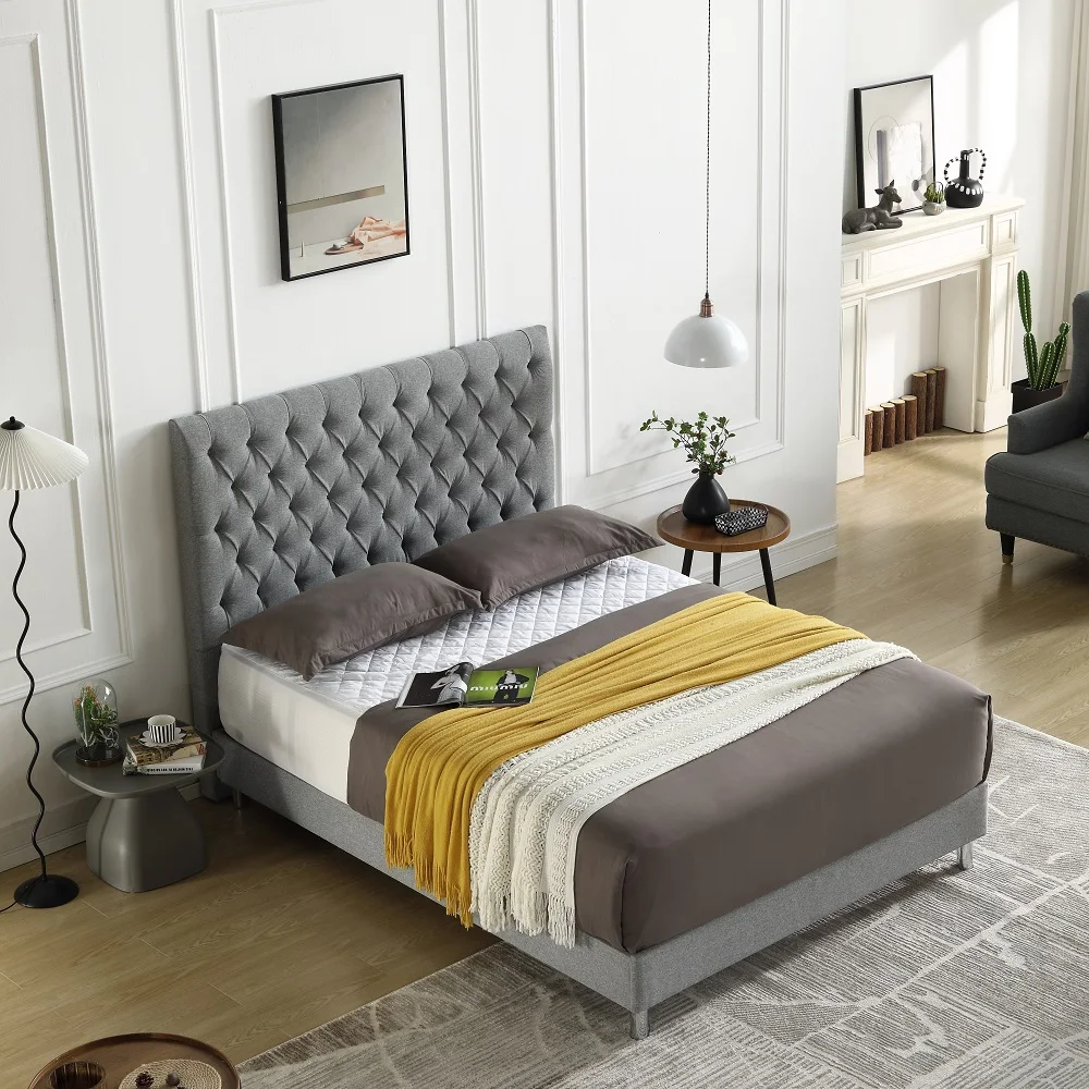 OEM ODM Grey Fabric Design Headboard Queen Bed Frame Upholstered Bed