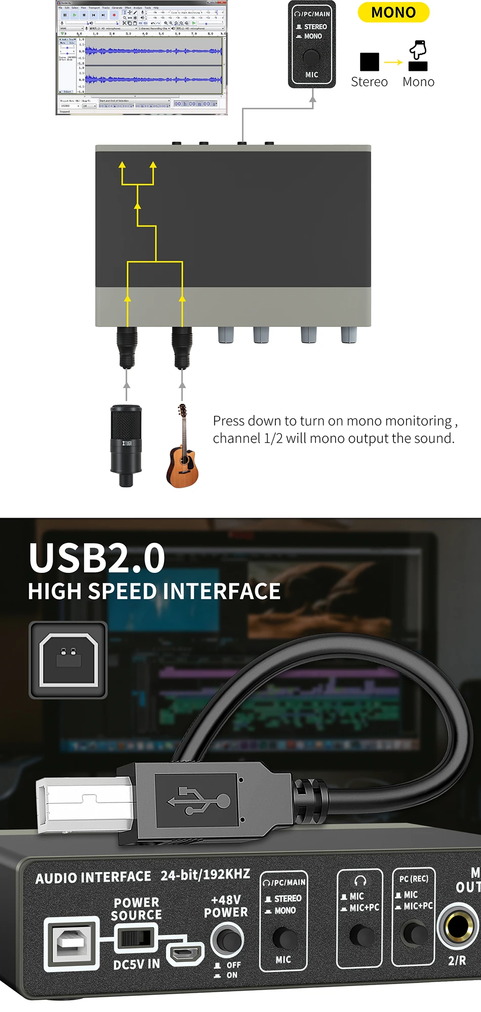 Usb Audio Interface Music External Condenser Microphone Recording Sound Card For Pc Recorder Computer Studio Live