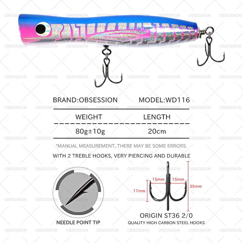 WD116 Wooden Popper Lure Handmade Hard Trolling Fishing Baits Wood Lure Popping Bait Top Water Lure