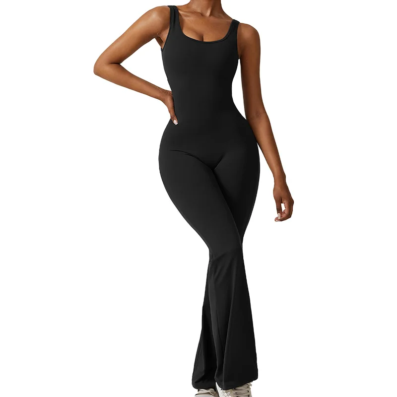 CLT8260 V Back Flare Jumpsuits for Women Built-in Bra Romper Full Length Unitard One Piece Jumpsuits Gym Wear Activewear