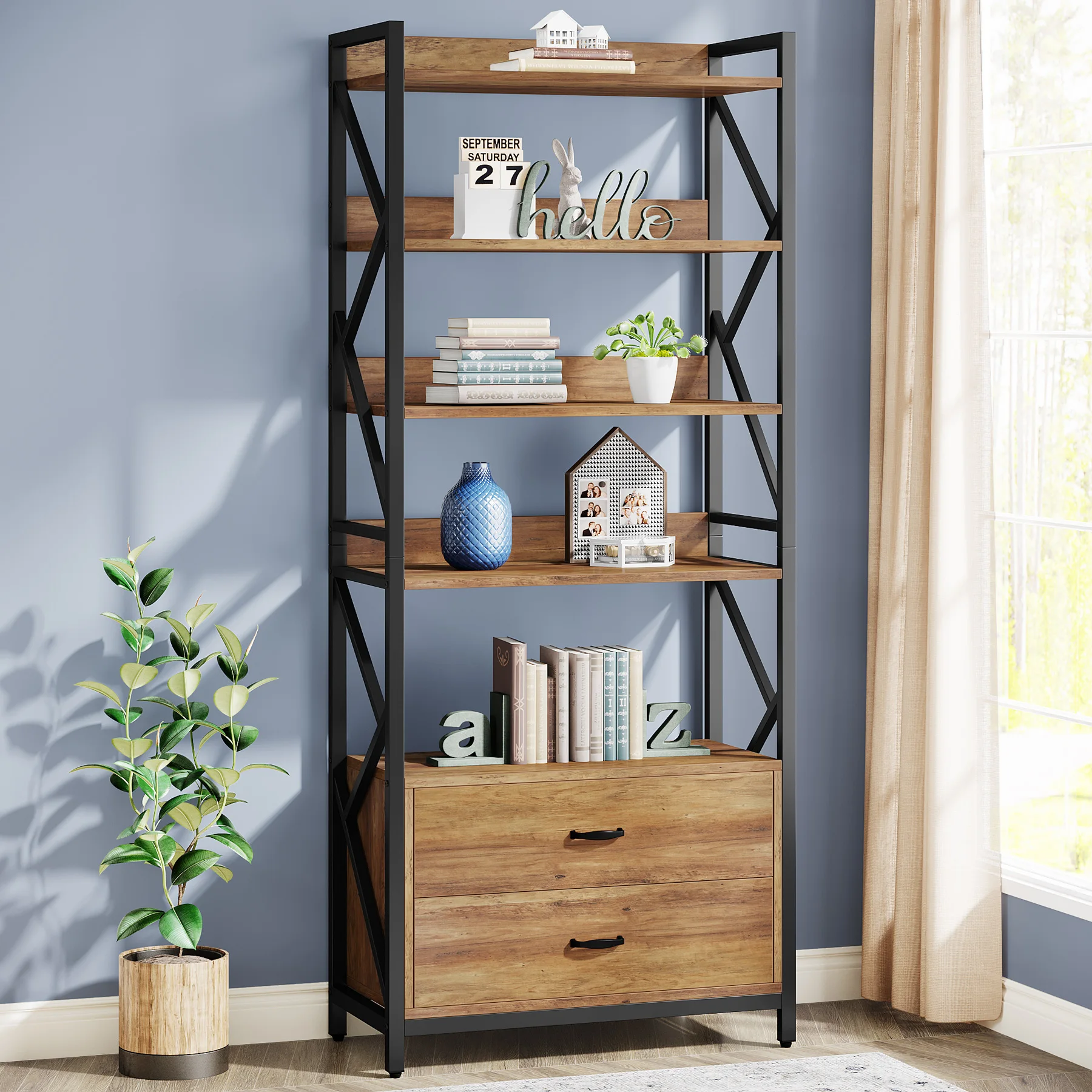 Tribesigns  Industrial 5-Tier Bookcase with 2 Drawers  book storage organizer display shelf rack