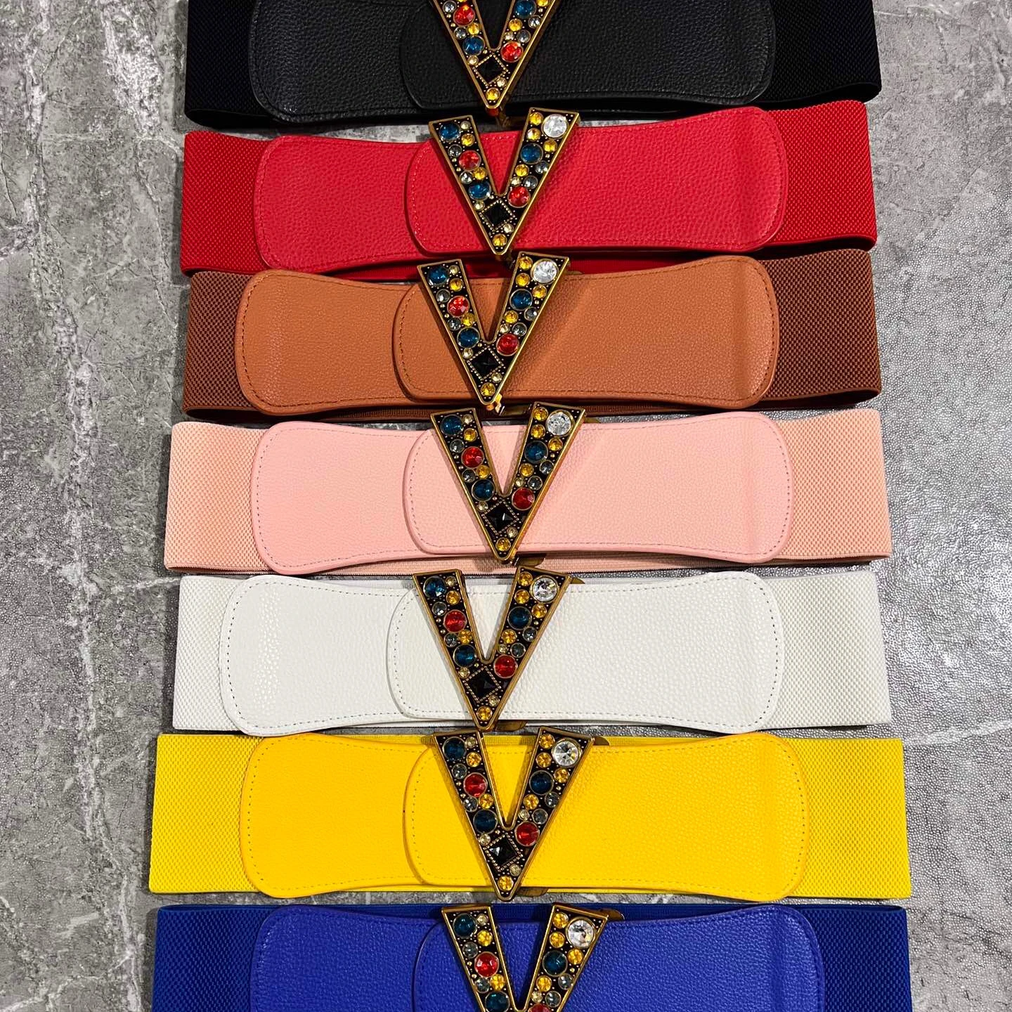 New Designs Luxury V Logo Color Gemstones Buckle Pu Leather Elastic Waist Belt Wide 7 cm Colorful Belt