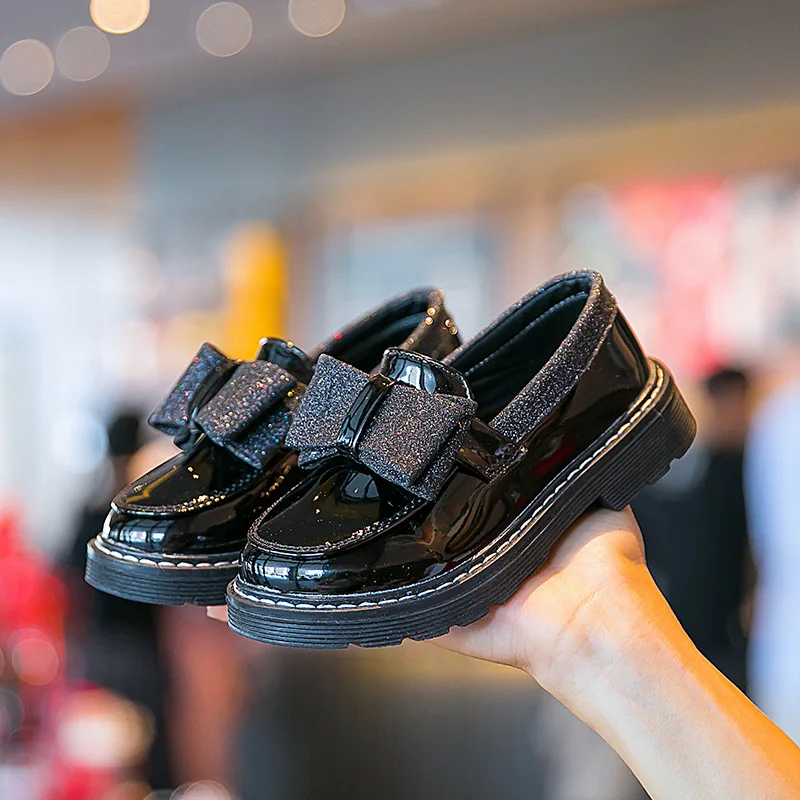 Black school shoes for girls bow leather shoes for children kids girls school shoes