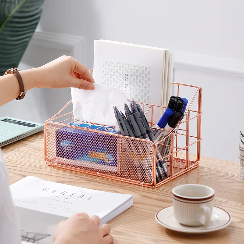 Nordic style metal wrought iron multifunctional living room office desktop tissue storage box cosmetic storage rack