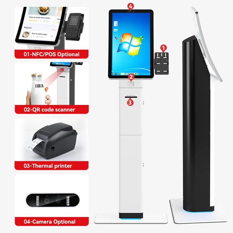 Sensitive QR Code Scanner Curved Touch Screen Self Service Ordering Payment Terminal Printer Kiosk In Restaurant