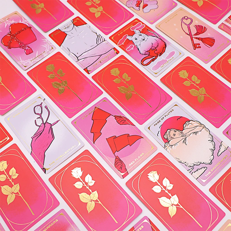 OEM Custom Printing Wholesale Print Your Own Pink Rose Love Box Gold Foil Edge Paper Tarot Card Decks With Guidebook