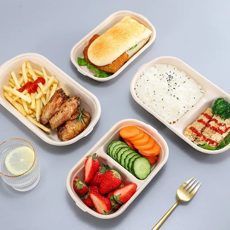 pfas free disposable degradable tableware take away bamboo food box compostable bamboo pulp plate 3 4 5 compartments lunch box