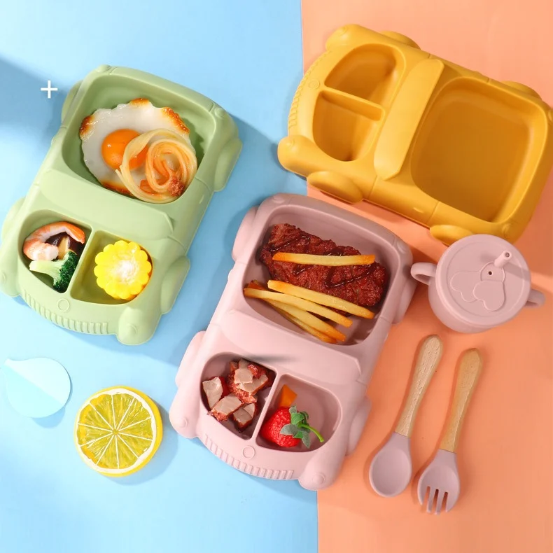 8 Pcs Cartoon Car Shape Silicone Plate Baby Feeding Fork Spoon Tableware Set Silicone Baby Feeding Tableware Set for Children