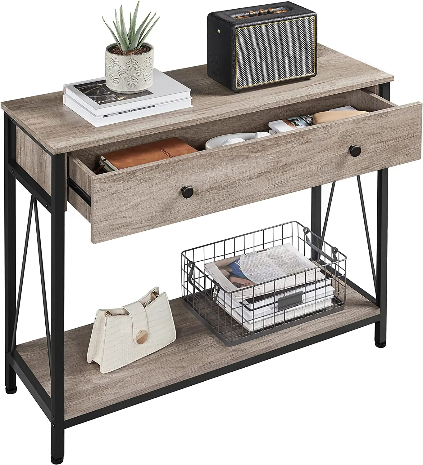 Industrial rustic antique narrow hallway entryway living room furniture metal wooden console table