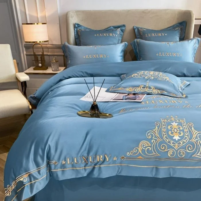 New light luxury embroidered cotton washed silk four pieces bedding set