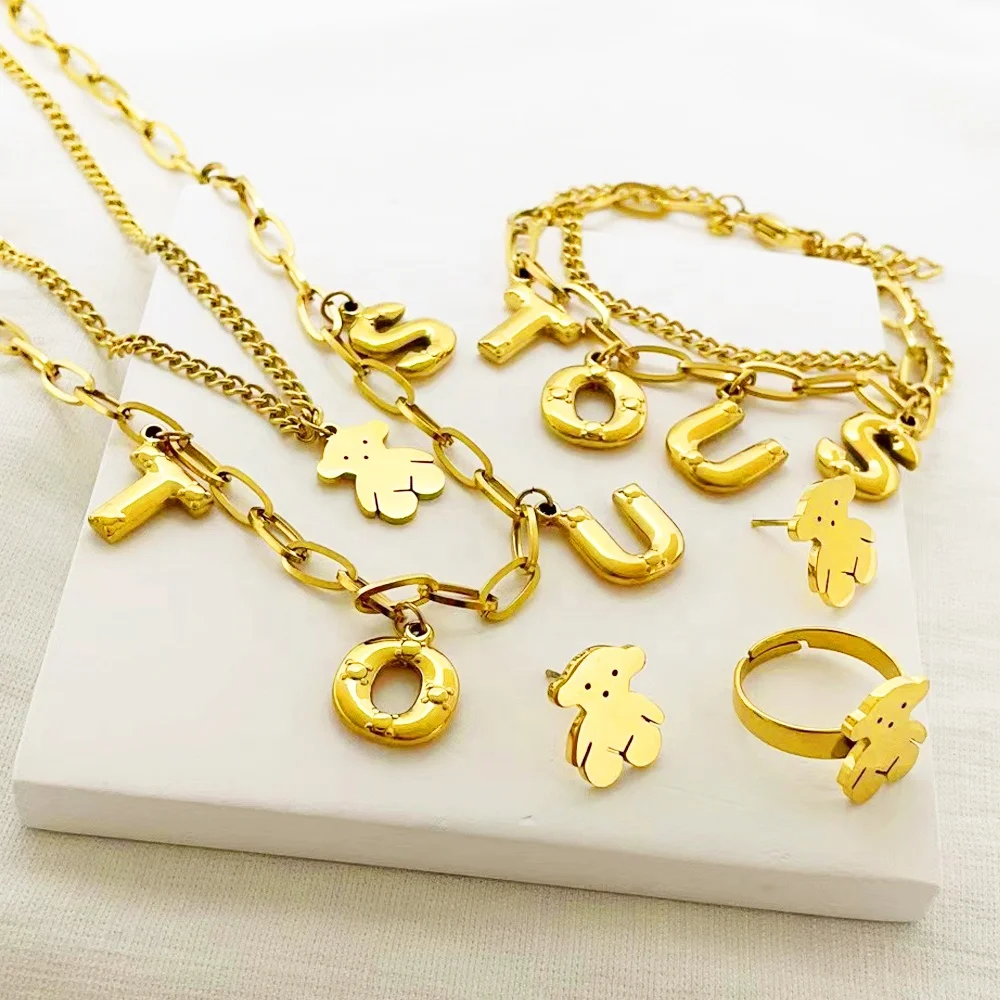 High Quality Fashionable Bear Jewelry Accessories Gold Water Pearl Bead Chain Rhinestone Necklace Earring bracelet Jewelry Set
