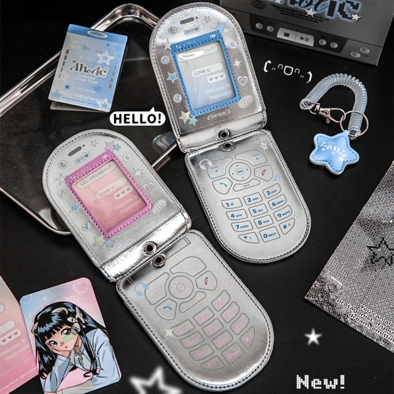 Retro Phone Shape PU Leather Keychain with 3 Inch Photocard Holder Kpop Photo Card Holder for Students Bag Pendant