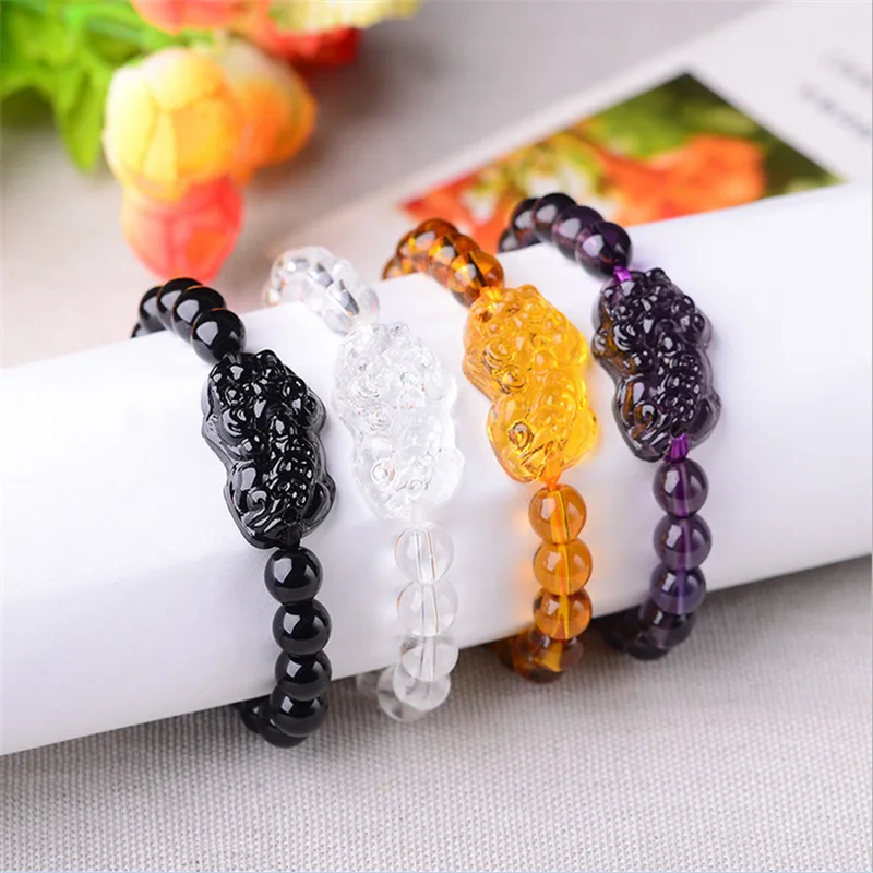 
Stone Beads Crystal Buddha Good Luck Wealth Feng Shui Black Obsidian Pixiu Bracelets for Women Men Jewelry 