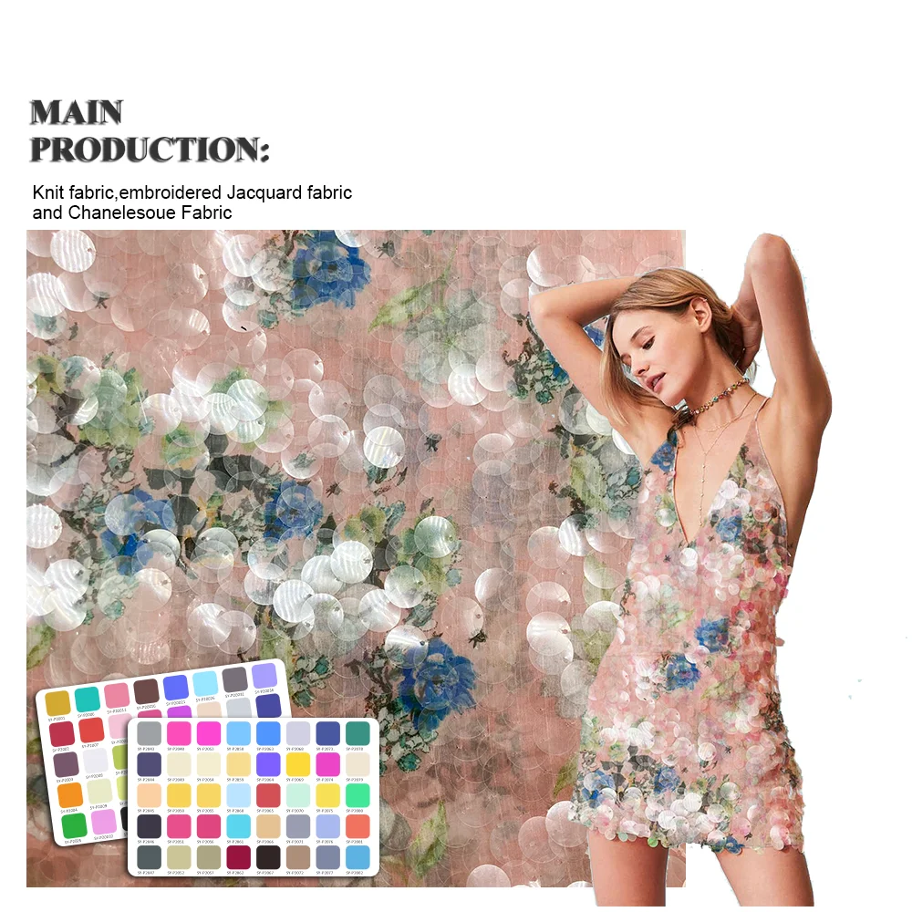 pink digital printing sequin design embroidery fabric 100%polyester fabrics for clothing