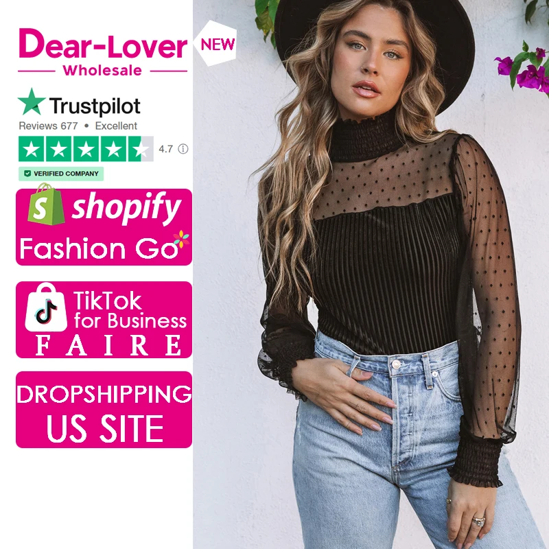 Dear-Lover Women Black Sheer Dotty Long Sleeve Ribbed Velvet Woman Lace Bodysuit