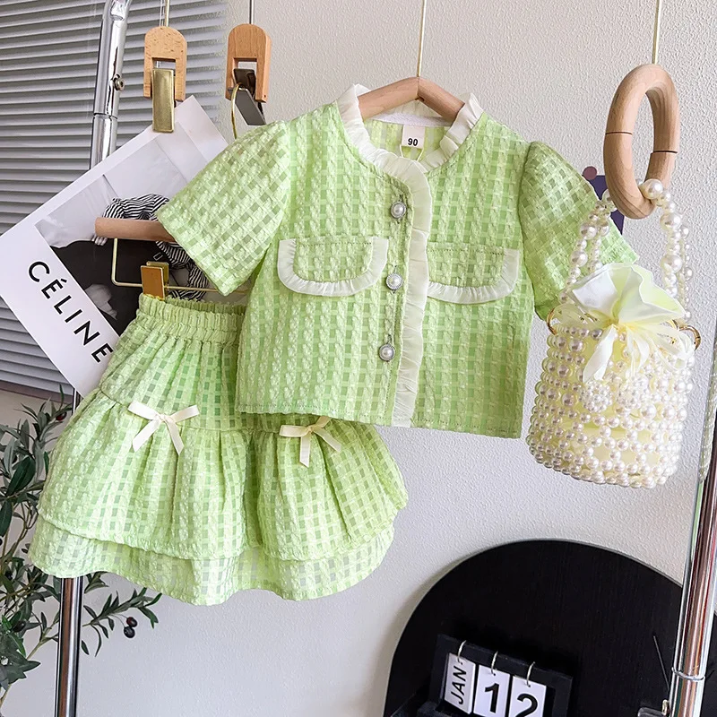 New arrival toddler girls boutique short sleeve plaid sweet suit top and skirt 2 pcs clothing set for kids