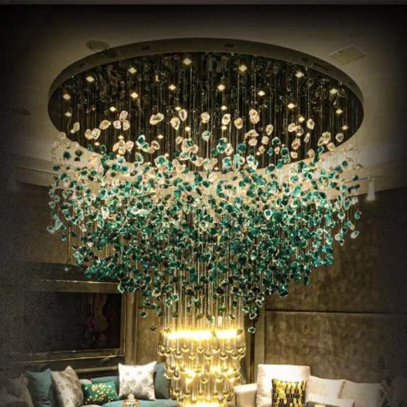 Contemporary Luxury Hotel Project Green Blown Glass Stone Chandelier For Staircase