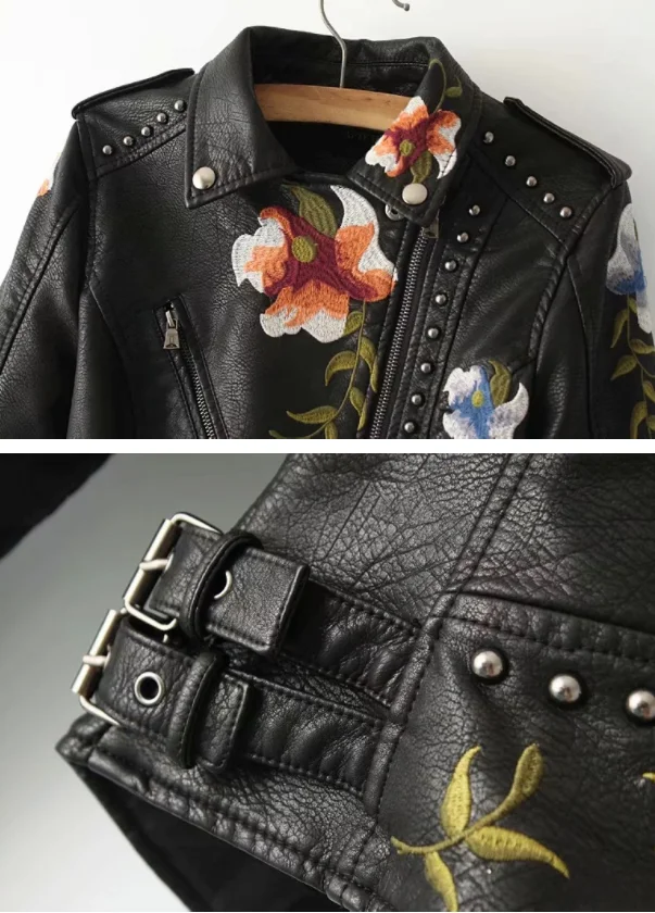 Women PU Faux Leather Outerwear Jackets New Autumn Winter Lady Slim Fit Floral Embroidery Zippers Black Motorcycle Coat