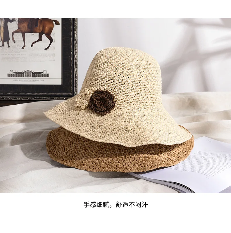 Women Fashion Hats Packable Paper Straw Hand Crochet Sun Hat Wide Brim Floppy Dress Beach Hats with Flowers