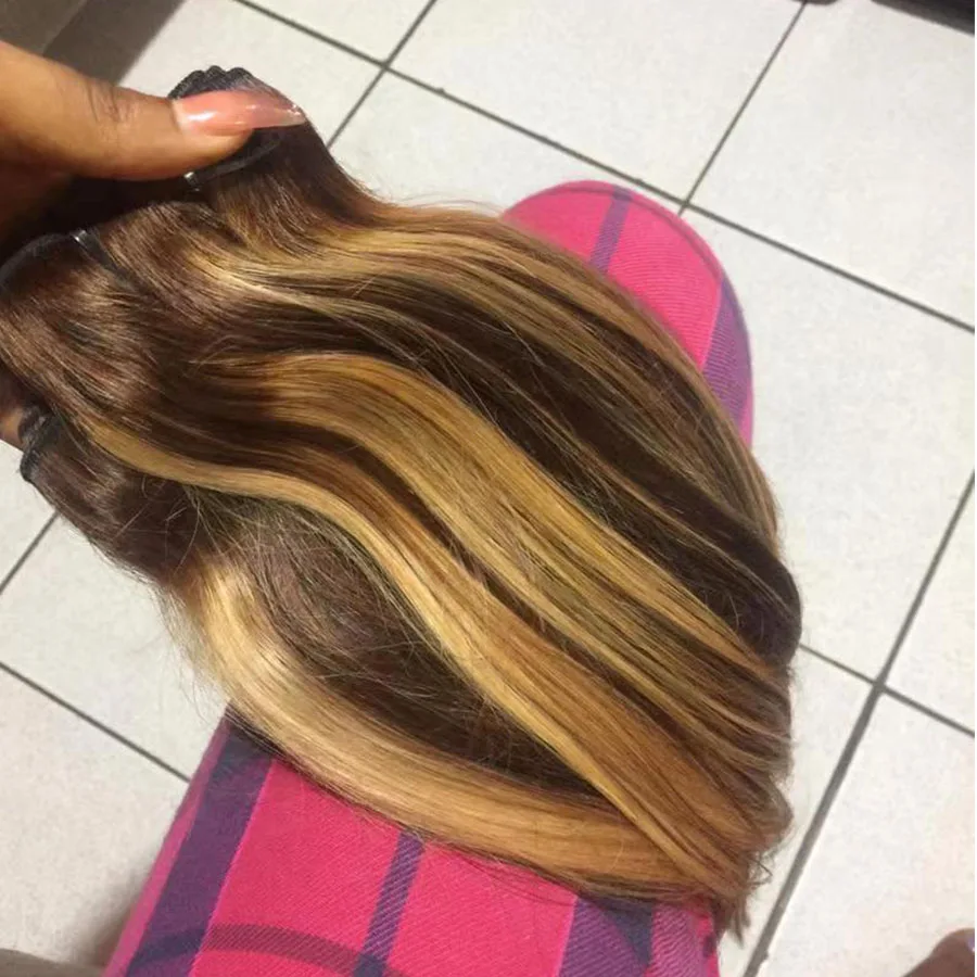 Raw Unprocessed Brazilian P4/27 Honey Brown piano color Wholesale Bone Straight Super Double Drawn Virgin Human Hair Extensions