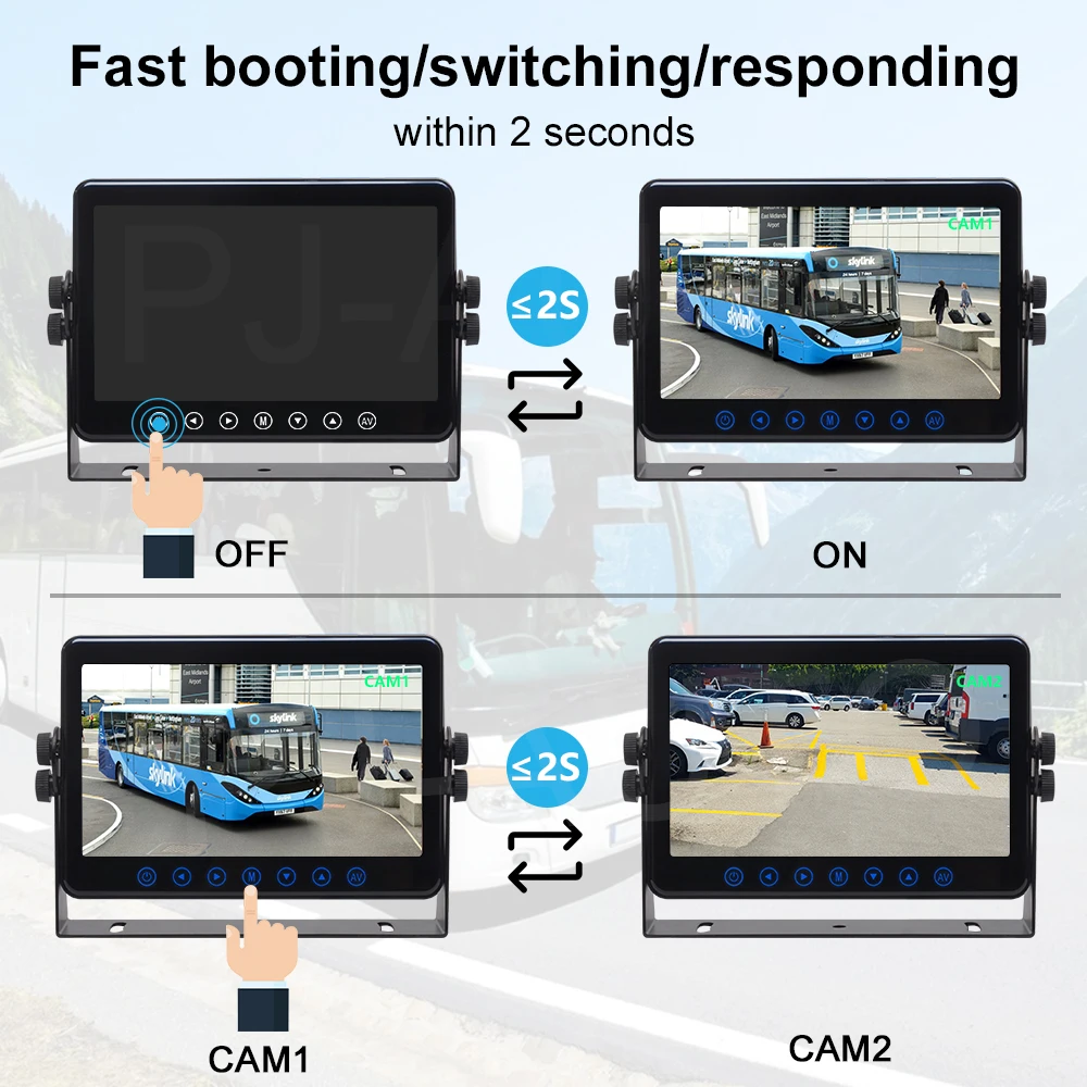 PJAUTO 7 Inch AHD Heavy Duty Monitor Rear View Touch Button Monitor Full Glass Surface Van RV Bus Monitor