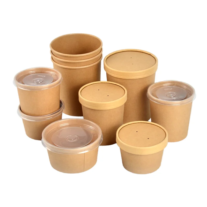 SenAng05 Food Grade Disposable Kraft Paper 12oz Porridge Bucket Portable Microwavable Paper Soup Cup With Lids