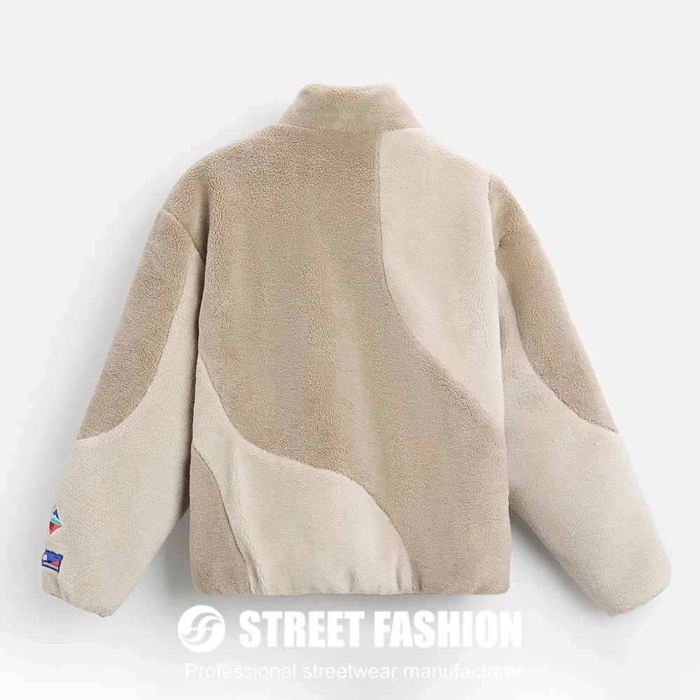 Manufacturer Custom Winter Casual Luxury Thick With Patchwork Color Block Stand up Collar Full Zip up Sherpa Fleece Jacket Men