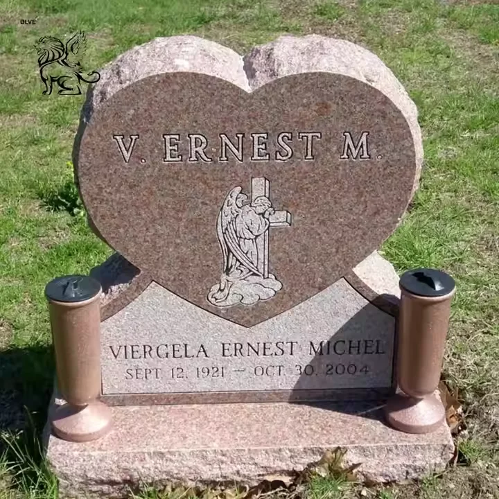 BLVE Modern Design Cemetery Hand Carving Angel Sculpture Natural Stone Tombstone Grey Marble Heart Shape Monument