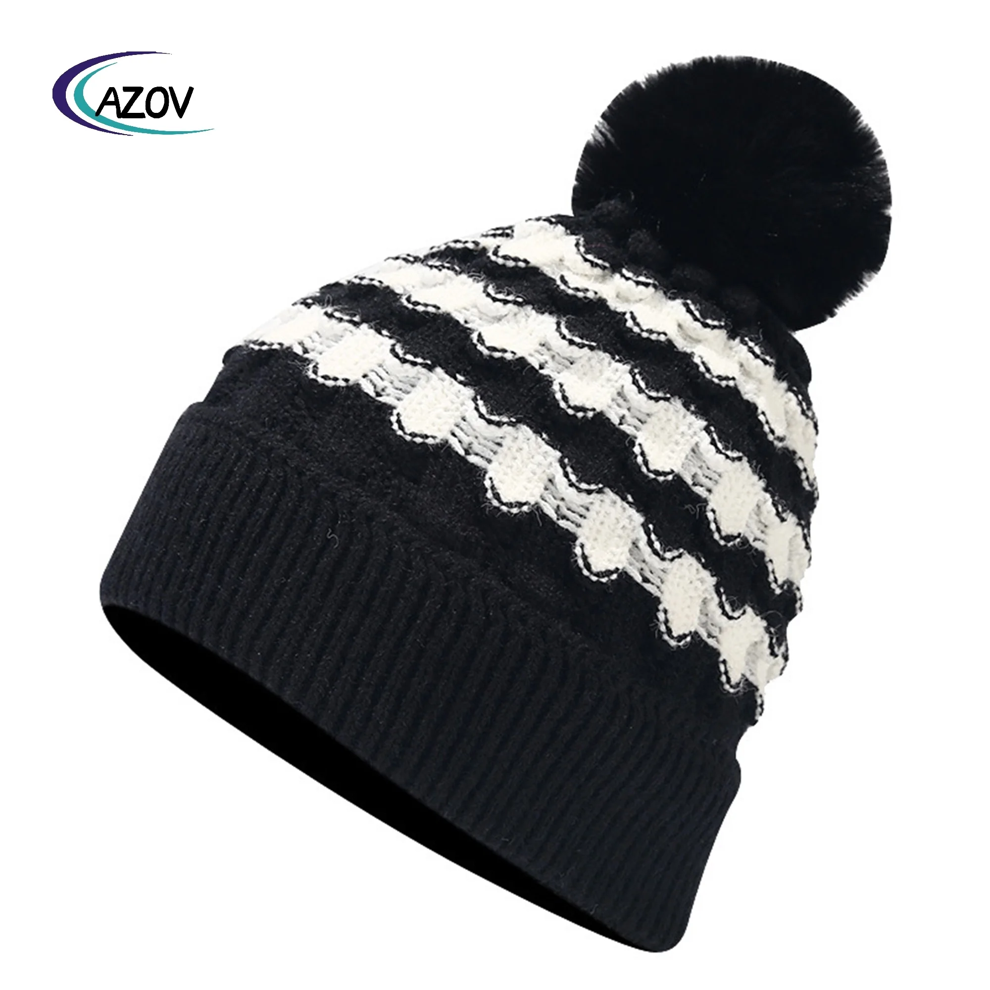 fashion new style contrast color stripes fur ball knitted hat ladies outdoor travel shopping warm wool hat wholesale