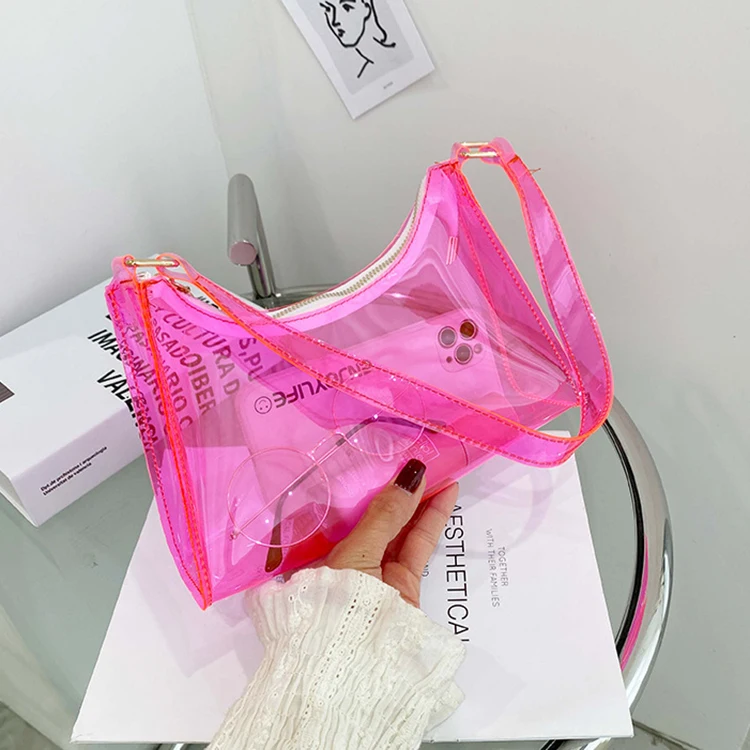 
Fashion Designer Ladies Shoulder Pink Transparent PVC Clear Jelly Purses and Handbags for Women 