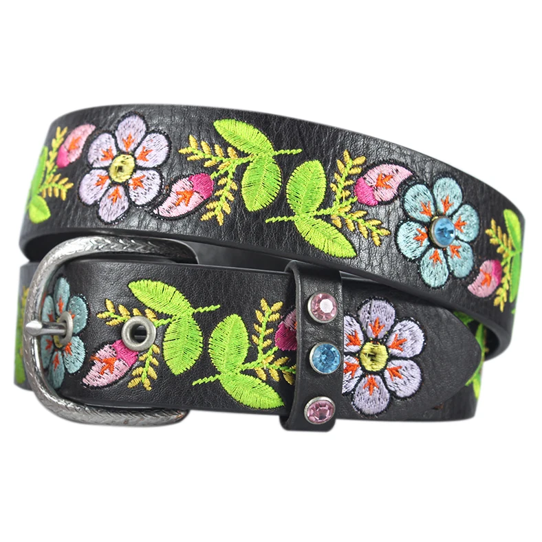 
Custom Flower Colorful Embroidered Floral Genuine Full Grain Leather Belts 