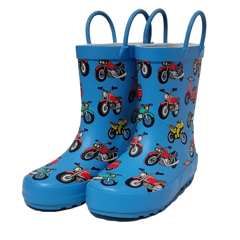 factory customized motorbike printed 100% waterproof rubber rain boots for children