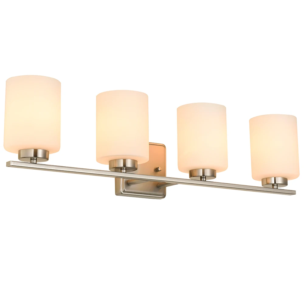 UL Listed 4 Bulb Traditional Bathroom Vanity Light Fixture, Brushed Nickel, White Glass Shade