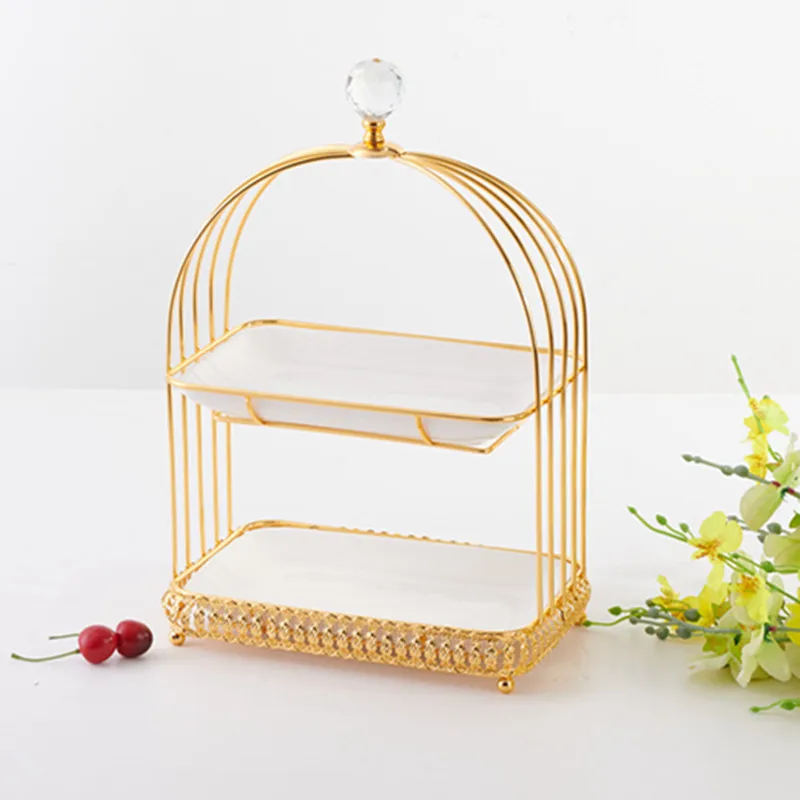 Luxury Crystal Food Tray Living Room Creative Birdcage-Shaped Iron Dessert Fruit Tray with White Ceramic Dishes